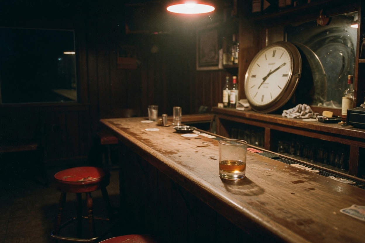 A wooden bar near closing, one stool, one glass, a clock