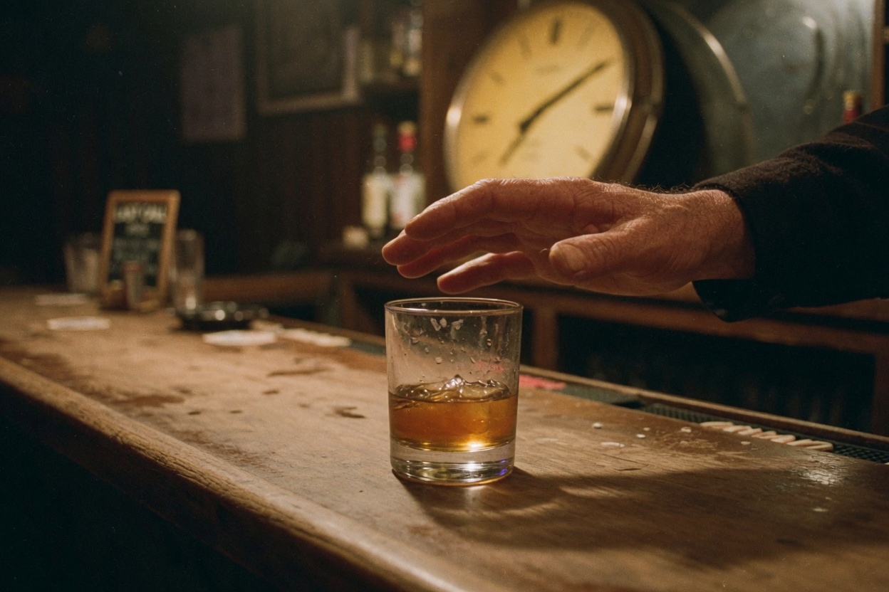 A hand held above a whiskey glass, not yet touching it, a clock behind