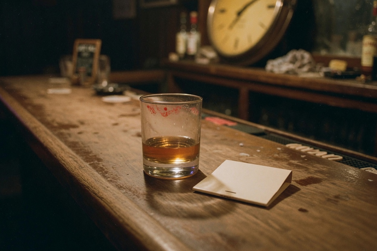 A blank cream matchbook beside a whiskey glass